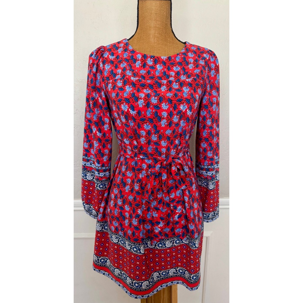 LOFT‎ Boho Red Floral Long Sleeve Mini Dress with Tie Waist Size XSP